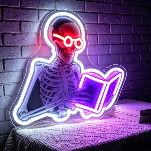 Reading Skeleton Neon Sign - Spooky Book Lover Wall Decor, Halloween Neon Light