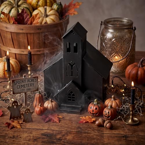 Gothic Haunted House Decor - Metal Village House for Halloween Tabletop - Black & Distressed Finish
