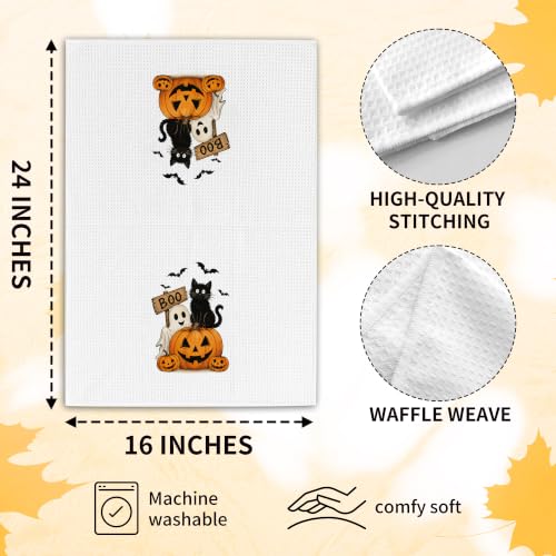 Halloween Kitchen Dish Towel Black Cat Pumpkin Ghost Waffle Weave Hand Towel - A23