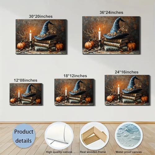 Halloween Canvas Wall Art Framed Poster - Witch Hat Pumpkin Fall 12x18 Variation 1