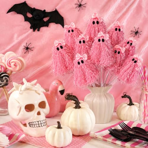 Pink Halloween Ghost Stem Picks - 12 Inch Glitter Ghost Decorations - Set of 12