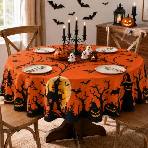 Halloween Round Tablecloth 60 Inch Pumpkin Spider Web Bat Water-Resistant Reusable Table Cover - Orange