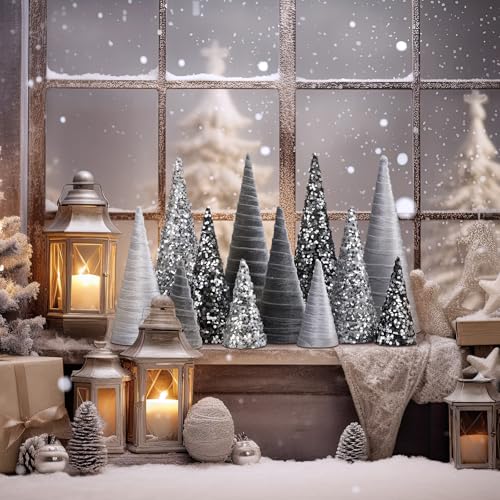 Ireer 12 Pcs Silver Gray Christmas Cone Trees Velvet Tree Decor - Sequin Variant