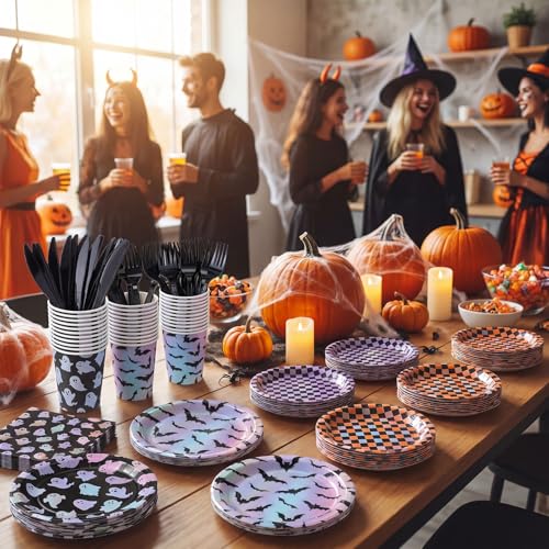 Halloween Paper Plate and Napkin Set with Ghost & Bat Laser Design - 24 Pack