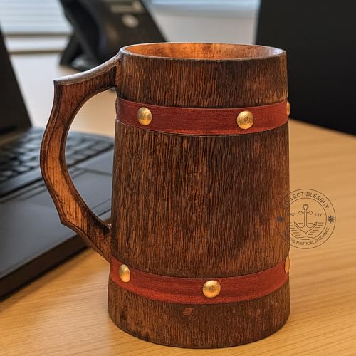 Rustic Wooden Beer Mug with Orange Leather Strap - Handmade Viking Steinkrug for Coffee Tea Ale