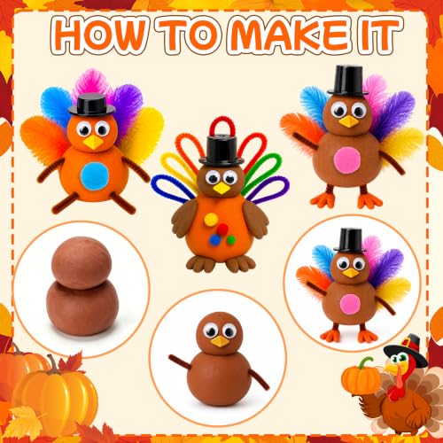Thanksgiving Turkey Craft Kit with Air-Dry Clay and Accessories – 24 Pack