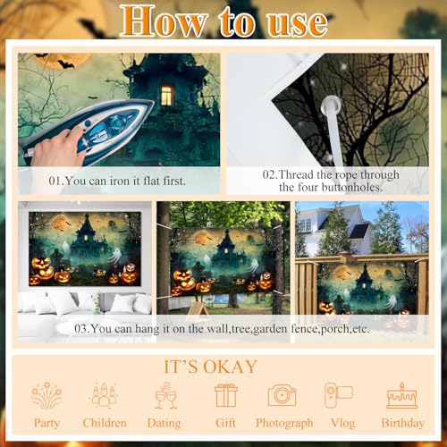 Halloween Party Banner 10x8ft Blue Polyester Spooky Backdrop Decorations for Photoshoot