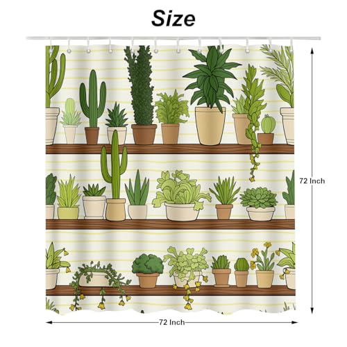 Green Cactus Pot Shelf Bathroom Shower Curtain 72x72 Inch with Hooks - Waterproof Fabric