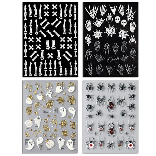 Halloween Nail Art Stickers - Embossed Skeleton Bones & Spiders for DIY Nails - 4 Sheets