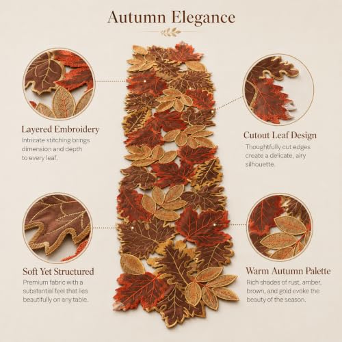 Brown Fall Maple Leaf Embroidered Table Runner 13x69 Inches for Autumn Decor