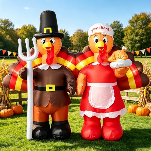 Thanksgiving Inflatable Turkey Couple Decorations with LED Lights - Festive Yard Decor - Variation of Turkey Couples