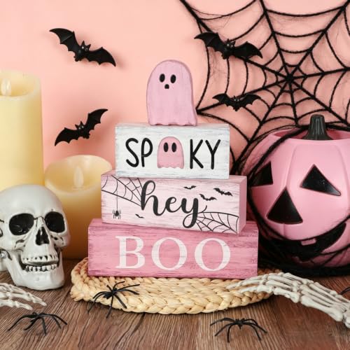 Pink Halloween Wooden Table Decorations Set - Double Sided Ghost & Spooky Signs, Farmhouse Style - Variation of THIS listing