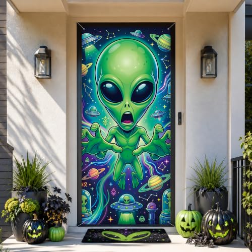 Halloween Alien Door Cover Banner - 3D Reaching Hands, Funny Extraterrestrial Decor, 78x35 Inches