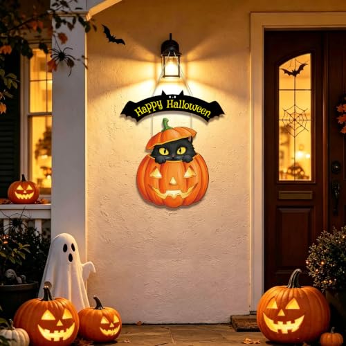 Large Orange Wooden Halloween Door Wreath - Front Door Wall Decor Sign