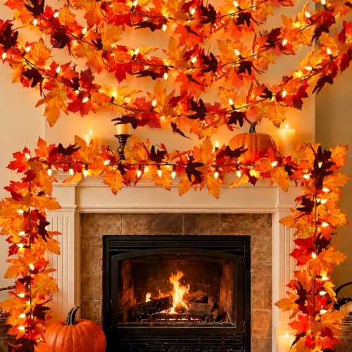 9Ft 3-Pack LED Maple Leaf Garland with Timer & 8 Modes Battery Operated Fall Decorations