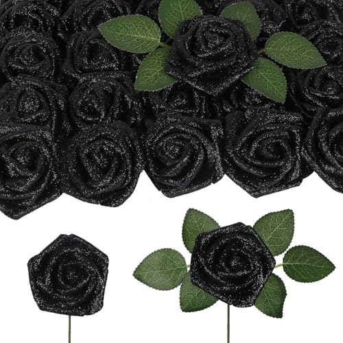 Black Glitter Roses 50PCS Artificial Foam Flowers with Stems - 2.76 Inch
