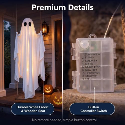 Large 4.3 Ft Hanging Ghost Decoration with LED Lights for Halloween Yard