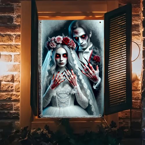 Halloween Ghost Couple Window Cover 31x47 Inch Polyester Decor - Spooky Halloween Window Decoration