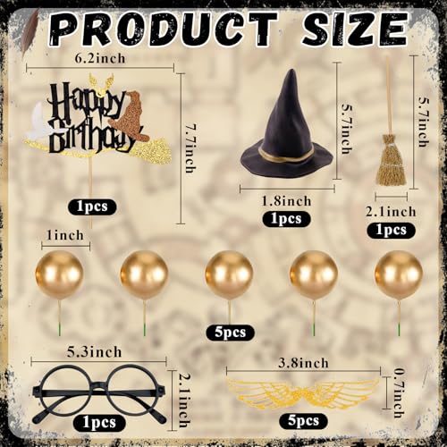 Wizard Cake Topper 14PCS Magical Wizard Party Decorations for Halloween & Birthday - Gold & Glasses Variation 2