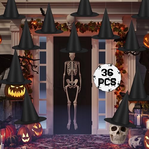 36 Pcs Halloween Witch Hats Set with 984 FT Nylon Cord - Black Decor for Ceiling Porch