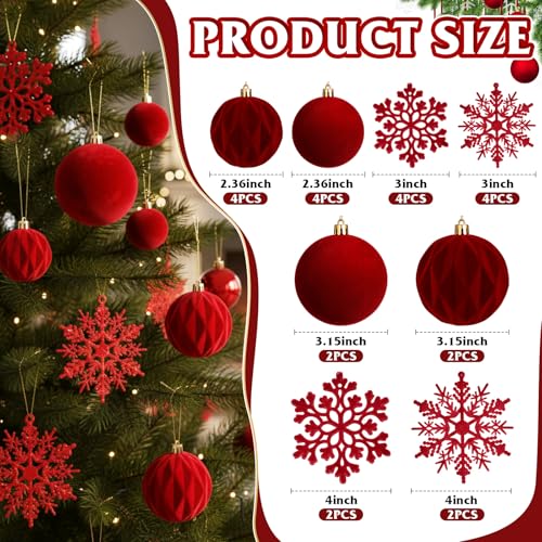 Christmas Velvet Ball and Snowflake Ornament Set - Burgundy Red, 36 Pcs
