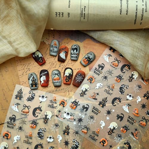 Halloween 5D Embossed Nail Art Stickers - Black Naughty Cat Style01 with Ghost Pumpkin Web Designs