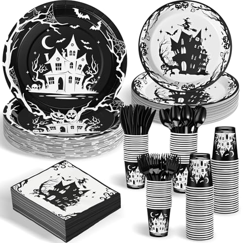 Halloween Party Supplies Set for 50 Guests - Plates Cups Napkins Cutlery Halloween Decorations