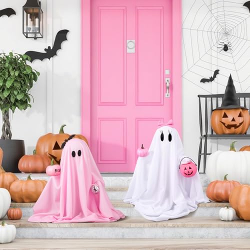 Pink Halloween Ghost Decorations - 12in Girlie Pumpkin Ghost Figurines, Set of 2