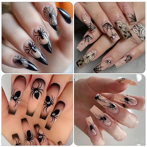 Halloween Spider Nail Stickers Rhinestone Spider Web Self-Adhesive 3D Nail Art Decals - Black Spider Web Variation