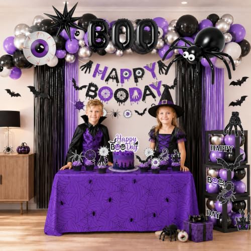 Black and Purple Halloween Birthday Decorations Set with Banner, Balloons, Web, and Balloon Arch