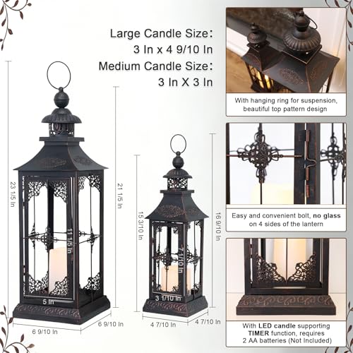 Outdoor & Indoor LED Lanterns with Flameless Candles - 23'' & 15'' Black Metal Decor, Timer Function