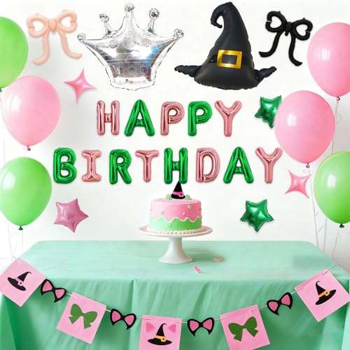 Witch Birthday Balloon Kit - Pink & Green Foil Balloons Crown Hat Bows - Variation 3