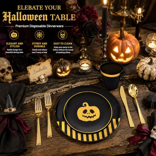 Halloween Pumpkin Party Plates & Silverware Set - Black Gold, 50 pcs