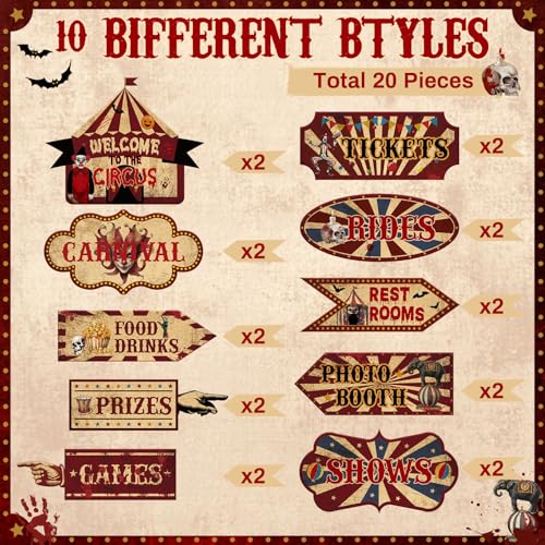Halloween Directional Signs Decoration - Dark Red, 20 Pcs Halloween Circus Theme, Reusable, Party Decor Variation