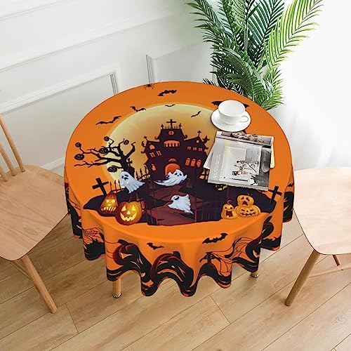 Halloween Pumpkin Castle Ghost Round Tablecloth 60 Inch Orange Black Decor