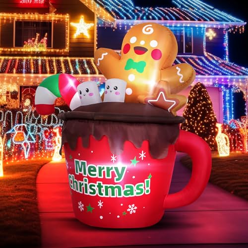 6FT Christmas Inflatable Hot Cocoa Mug with LED Lights for Outdoor Yard Decor