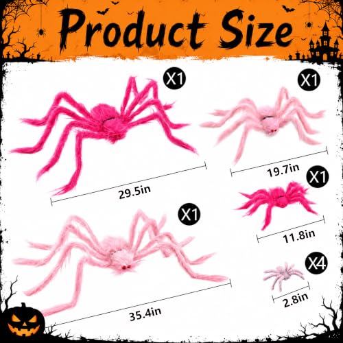 Pink Fuzzy Halloween Spider Decorations Set - Giant & Mini Spiders with Poseable Legs