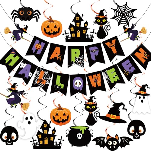 Halloween Party Decorations Banner & Hanging Swirls - Ghost Pumpkin Witches