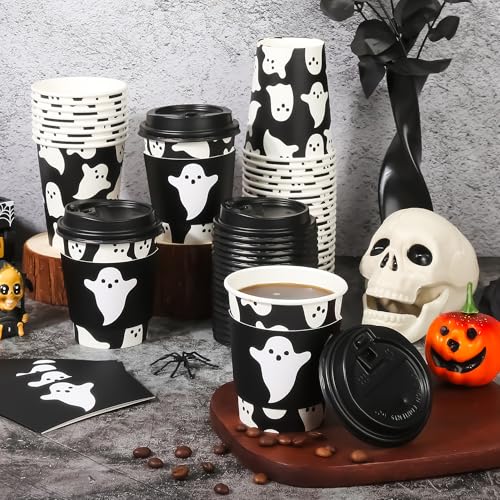 Halloween Ghost Disposable Coffee Cups with Lids & Sleeves - Black Ghosts