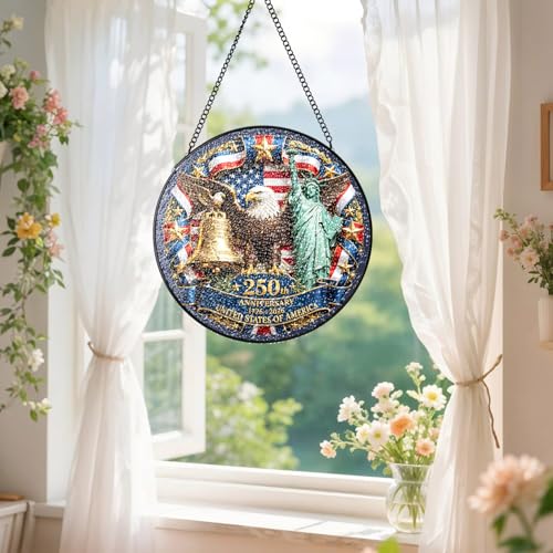 Stained Glass Window Hanging - USA Independence Suncatcher with American Flag Variation
