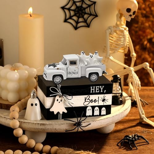 Farmhouse Halloween Truck Decor with Ghost Figurines - White, Indoor Use