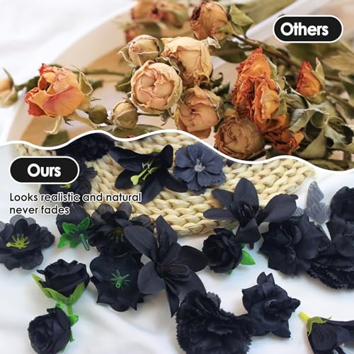 Black Artificial Flowers Bulk - Mini Silk Flower Heads for DIY Crafts, Wedding, Party & Home Decor - Variation: Black