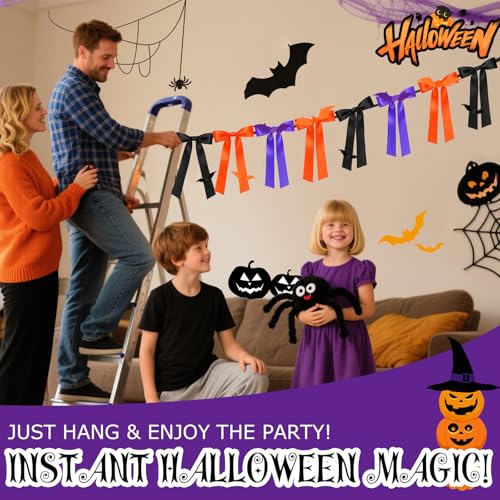 Halloween Bow Garland with Bats - Black, Orange, Purple 6Ft Party Decor
