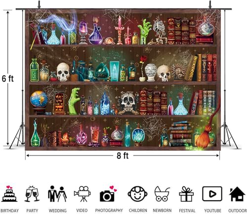 Halloween Magic Potion Shelf Backdrop 8x6FT Spooky Witch Skull Photo Booth Decor