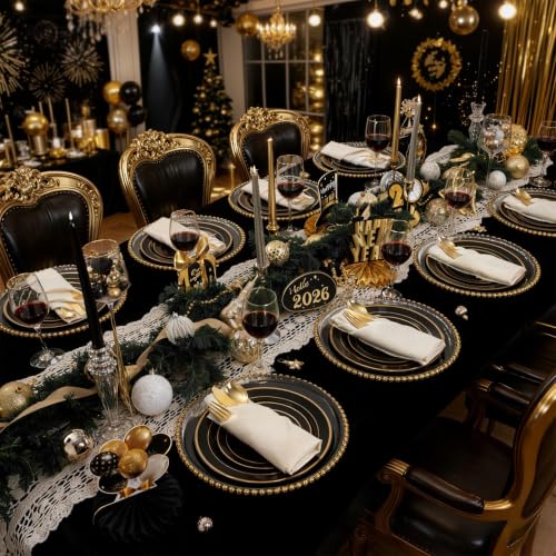 Black and Gold Disposable Dinnerware Set for 25 Guests - Plates, Cups, Silverware, Napkins - Variation of THIS listing