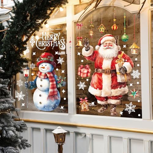 Christmas Window Clings Set - 4 Sheets Large Santa Snowman Holiday Decals for Glass & Mirrors