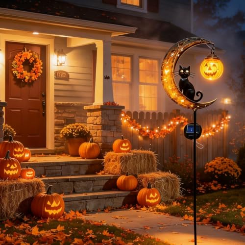Solar Halloween Black Cat and Pumpkin Garden Stake Lights Outdoor Decor