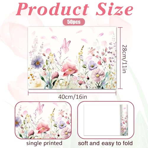 CHAROUP Style 17 Floral Disposable Paper Placemats - Watercolor Table Mats, 50 Pack