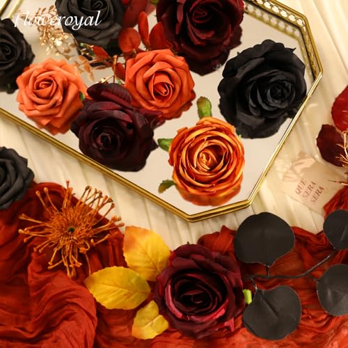 Black Artificial Flowers Set with Stems for Wedding DIY Bouquets & Decor - Orange & Black Variation