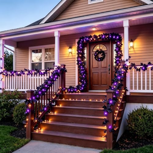 Halloween Decor Black Maple Leaf Garland with Purple LED String Lights - 6.5Ft, Battery Operated, Spooky Home Accent